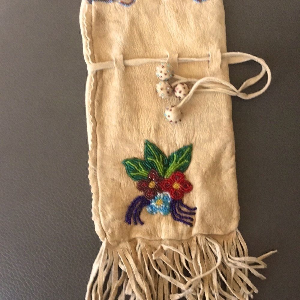 Hand Crafted Bag leather deer hide pink cotton lined bag fringe glass beads